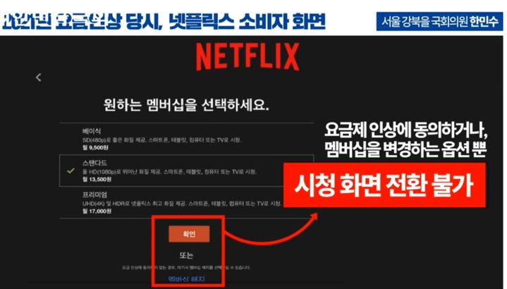 [서울=뉴시스] 넷플릭스가 요금 인상 과정에서 동의하지 않으면 시청을 하지 못하도록 조치한 것에 대해 방송미디어통신위원회(방미통위)가 사실조사를 진행 중인 것으로 확인됐다. (사진=한민수 의원실, 국회의사중계시스템 캡처) *재판매 및 DB 금지