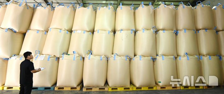 [용인=뉴시스] 김종택 기자 = 경기 용인시 한 미곡종합처리장(RPC)저온창고에서 관계자가 올해 수매한 벼를 살펴보고 있다. 2025.10.14. jtk@newsis.com