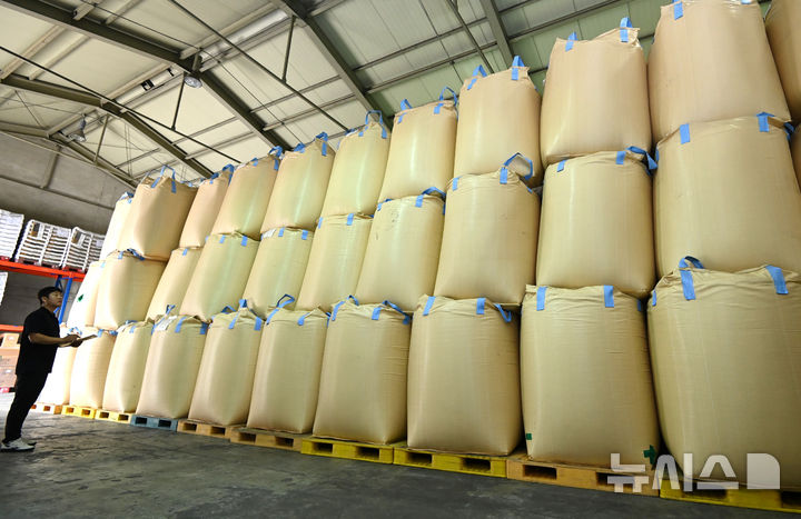 [용인=뉴시스] 김종택 기자 = 사진은 지난달 14일 경기 용인시 한 미곡종합처리장(RPC)저온창고에서 관계자가 올해 수매한 벼를 살펴보고 있는 모습. 2025.10.14. jtk@newsis.com