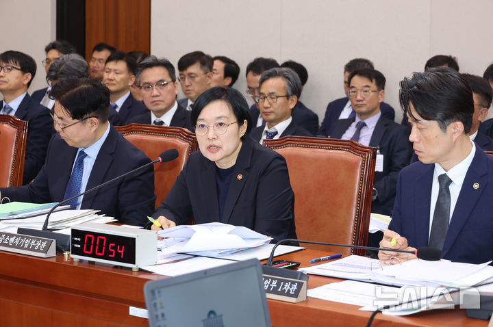 [서울=뉴시스] 고승민 기자 = 한성숙 중소벤처기업부 장관이 14일 서울 여의도 국회에서 열린 산업통상자원중소벤처기업위원회의 중소벤처기업부 등 국정감사에서 의원 질의에 답하고 있다. 2025.10.14. kkssmm99@newsis.com