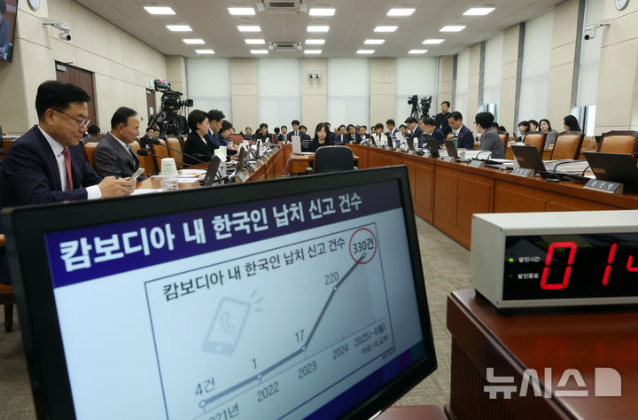 [서울=뉴시스] 고승민 기자 = 박정현 더불어민주당 의원이 14일 서울 여의도 국회에서 열린 행정안전위원회의 행정안전부 등 국정감사에서 캄보디아 내 한국인 납치 신고 관련 질의를 하고 있다. 2025.10.14. kkssmm99@newsis.com