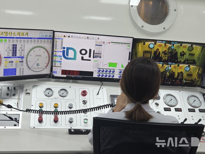 [서울=뉴시스] 류난영 기자= 한림대한강성심병원 의료진이 고압산소치료센터 제어실에서 환자의 상태를 실시간으로 확인하며 치료장비를 운용하고 있다.