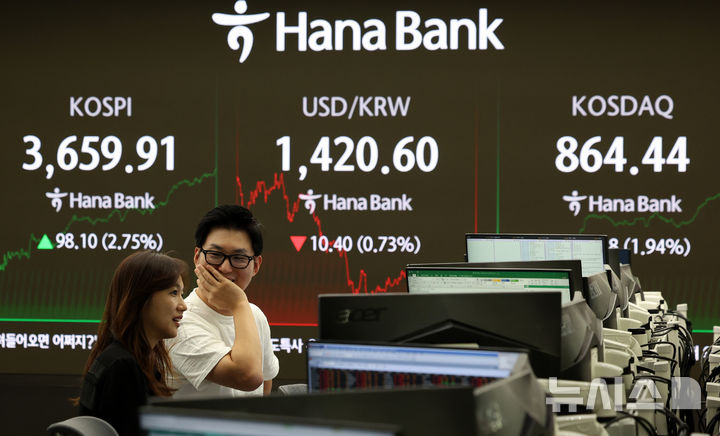[서울=뉴시스] 이영환 기자 = 코스피지수가 장중 3650선을 돌파하며 사상 최고치를 경신한 15일 서울 중구 하나은행 딜링룸 전광판에 전일 대비 98.10포인트(2.75%) 오른 3659.91에 거래되고 있다. 2025.10.15. 20hwan@newsis.com