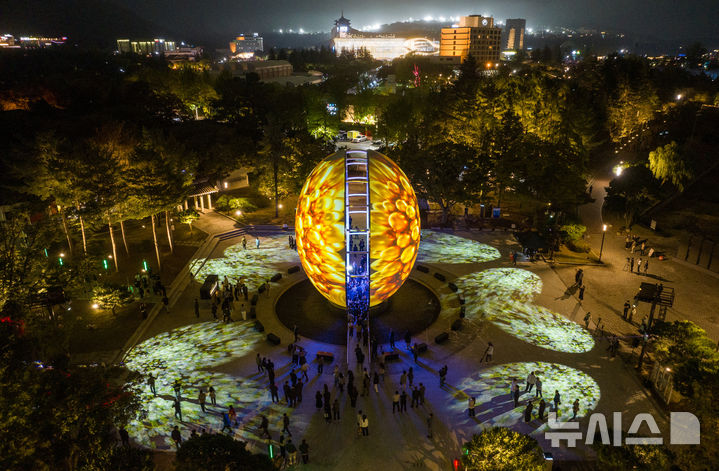 [경주=뉴시스] 이무열 기자 = 15일 경북 경주시 보문단지 호반광장에서 열린 2025 경주 APEC 정상회의 성공개최 지원을 위한 ‘빛의 향연’ 시연회가 진행되고 있다. 2025.10.15. lmy@newsis.com