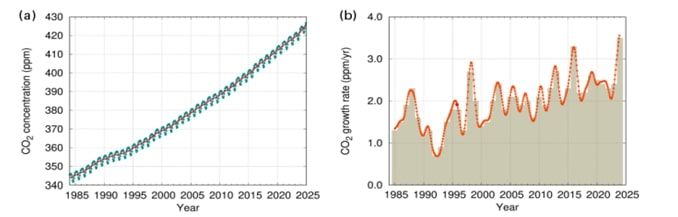 [서울=뉴시스] 이산화탄소 전지구 농도와 연간 증가율. (사진=세계기상기구 및 기상청 자료 갈무리) photo@newsis.com *재판매 및 DB 금지