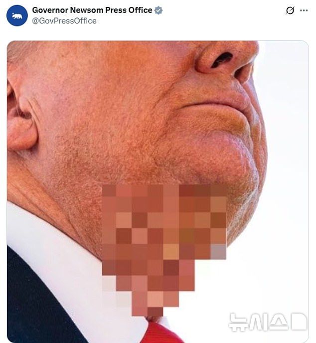 [뉴시스] 캘리포니아 주지사 개빈 뉴섬이 게시한 모자이크 처리된 트럼프 대통령의 모습. (사진=데일리메일) 2025.10.15. 