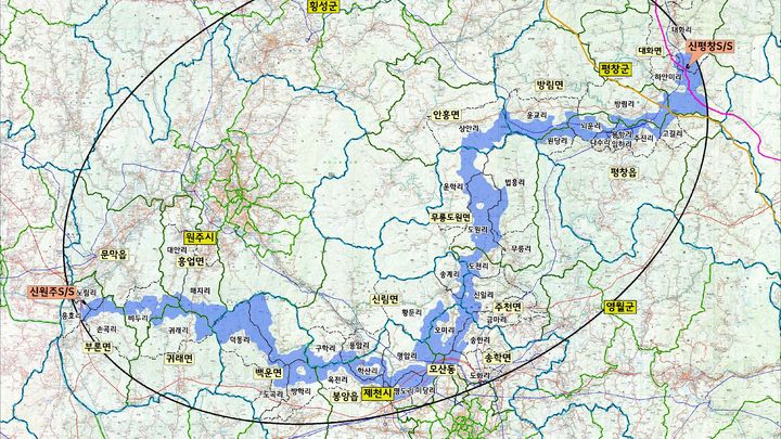 345㎸ 신평창~신원주 송전선로 건설사업 송전선로(파란색) 계획도. *재판매 및 DB 금지
