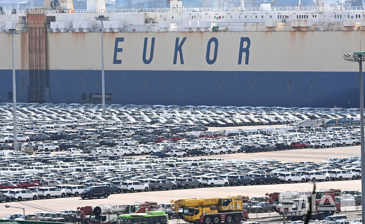 [평택=뉴시스] 김종택 기자 = 16일 경기 평택항에 수출용 자동차가 세워져 있는 모습. 2025.10.16. jtk@newsis.com