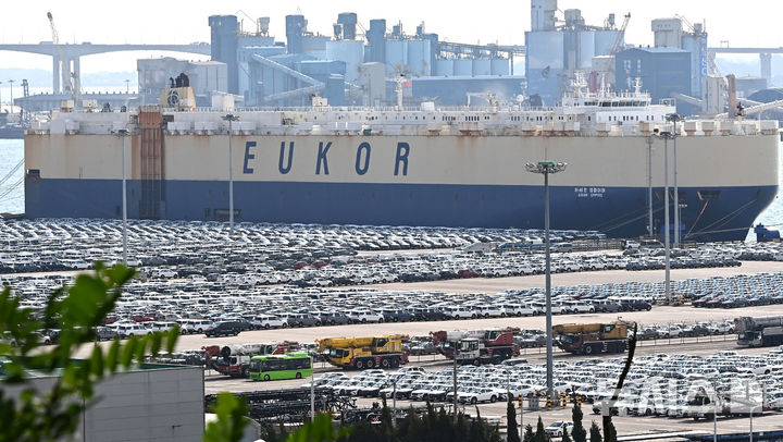 [평택=뉴시스] 김종택 기자 =경기 평택항에 수출용 자동차와 컨테이너가 쌓여 있는 모습. 2025.10.16. jtk@newsis.com