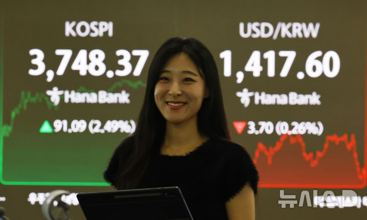 [서울=뉴시스] 최진석 기자 = 코스피가 전 거래일(3657.28)보다 91.09포인트(2.49%) 오른 3748.37에 장을 마친 16일 서울 중구 하나은행 딜링룸에 종가가 보이고 있다. 코스닥 지수는 전 거래일(864.72)보다 0.69포인트(0.08%) 상승한 865.41에 거래를 종료, 서울 외환시장에서 원·달러 환율은 전 거래일(1421.3원)보다 3.4원 내린 1417.9원에 주간 거래를 마감했다. 2025.10.16. myjs@newsis.com