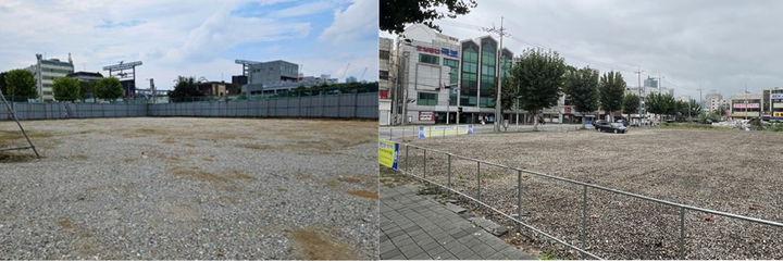 [대전=뉴시스] 대전 중구가 한화생명 볼파크 주변 주차난 해소를 위해 조성한 임시 공영주차장. 왼쪽부터 부사동 126-5 일원 중부소방서 예정지, 대흥동 115-1번지 일원 대전사회복지회관 건립 예정지. (사진= 중구청 제공) *재판매 및 DB 금지