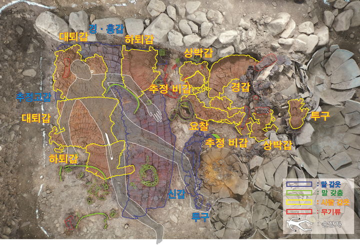  [서울=뉴시스] 경주 황남동 1호 목곽묘 부곽에서 나온 갑옷과 투구 출토 양상 (제공=국가유산청 제공) 2025.10.17. photo@newsis.com *재판매 및 DB 금지