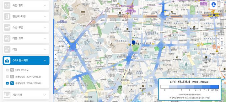 [서울=뉴시스] ‘GPR 탐사지도’ 내 ‘공동밀집도’(2020.~2025.8.) 조회 화면. 2025.10.19. (자료=서울시 제공) *재판매 및 DB 금지