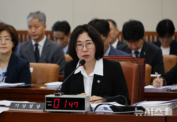 [서울=뉴시스] 김금보 기자 = 이미선 기상청장이 17일 서울 여의도 국회에서 열린 기후에너지환경노동위원회 국정감사에서 의원 질의에 답하고 있다. 2025.10.17. kgb@newsis.com