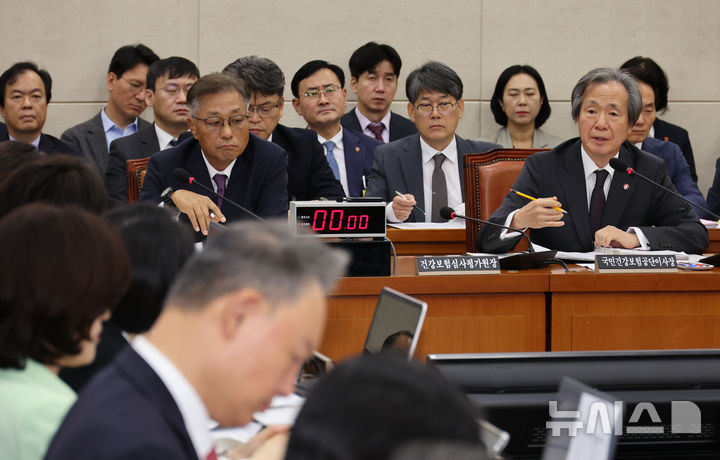 [서울=뉴시스] 김금보 기자 = 정기석 국민건강보험공단 이사장이 17일 서울 여의도 국회에서 열린 보건복지위원회 국정감사에서 의원 질의에 답하고 있다. 2025.10.17. kgb@newsis.com