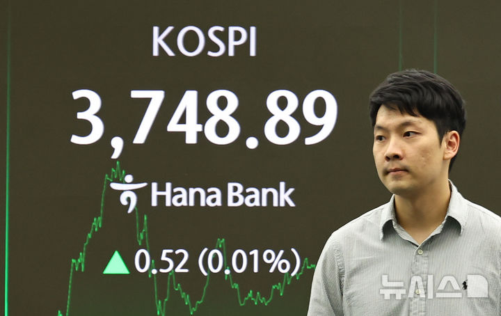 [서울=뉴시스] 최진석 기자 = 코스피가 전 거래일(3748.37)보다 0.52포인트(0.01%) 오른 3748.89에 장을 마친 17일 서울 중구 하나은행 딜링룸에 종가가 보이고 있다. 코스닥 지수는 전 거래일(865.41)보다 5.87포인트(0.68%) 하락한 859.54에 거래를 마감, 서울 외환시장에서 원·달러 환율은 전 거래일 주간거래 종가(1421.3원) 대비 3.3원 오른 1421.2원에 장을 마감했다. 2025.10.17. myjs@newsis.com