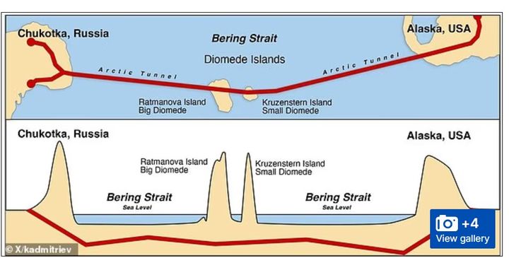 [서울=뉴시스] 러시아측이 제안한 베링 해협 해저를 지나는 길이 약 112km의 '푸틴-트럼프 터널' 노선.(출처: 데일리 메일) 2025.10.19. *재판매 및 DB 금지