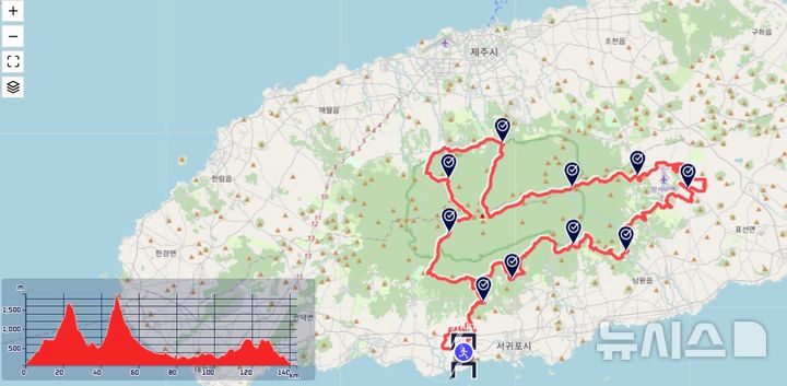 [제주=뉴시스] 17일부터 19일까지 진행한 트랜스제주 국제트레일러닝대회 150㎞종목 코스와 고저도. (사진=라이브트레일 화면 캡처) photo@newsis.com