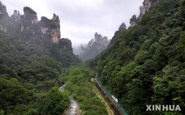 [베이징=신화/뉴시스] 지난해 10월 19일 중국 후난성 장자제에서 관광 트램을 타고 장자제 국립공원을 방문하는 관광객들을 드론으로 촬영한 모습. 2026.02.11