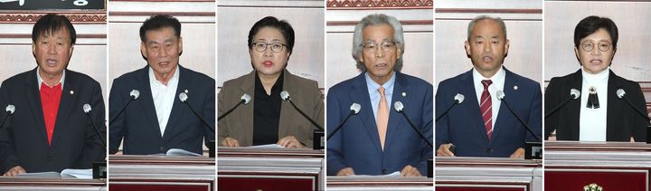 [정읍=뉴시스] 20일 개회한 정읍시의회 제307회 임시회 제1차 본회의. 건의안 제안설명 중인 이만재 의원(왼쪽부터)과 고경윤 의원, '5분 자유발언' 중인 한선미 의원, 김승범 의원, 김석환 의원, 서향경 의원. (사진=정읍시의회 제공) 2025.10.20. photo@newsis.com *재판매 및 DB 금지