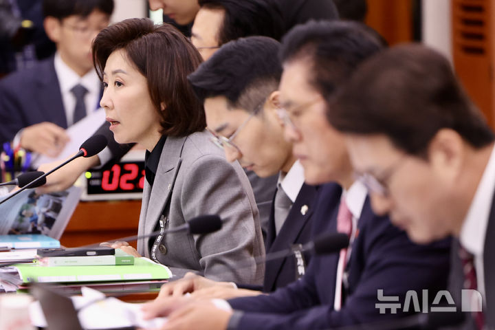 [서울=뉴시스] 김명년 기자 = 나경원 국민의힘 의원이 20일 오전 서울 여의도 국회 법제사법위원회에서 열린 서울고등법원 등에 대한 국정감사에서 신상발언하고 있다. 2025.10.20. kmn@newsis.com