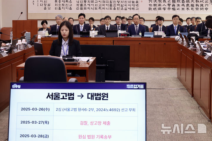[서울=뉴시스] 김명년 기자 = 김대웅 서울고등법원장이 대법관 후보자 재제청을 둘러싼 갈등으로 대법관 공석 사태가 장기화하는 데 대해 "대법관 공백 상태가 계속되는 게 바람직하지는 않다"고 밝혔다. 사진은 김 법원장이 지난해 10월 20일 오전 서울 여의도 국회 법제사법위원회에서 열린 서울고등법원 등에 대한 국정감사에 출석해 질의에 답하는 모습. 2026.10.16. kmn@newsis.com