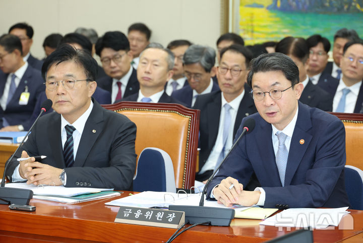 [서울=뉴시스] 고승민 기자 = 이억원 금융위원장이 20일 서울 여의도 국회에서 열린 정무위원회의 금융위원회 등 국정감사에서 의원 질의에 답하고 있다. 2025.10.20. kkssmm99@newsis.com