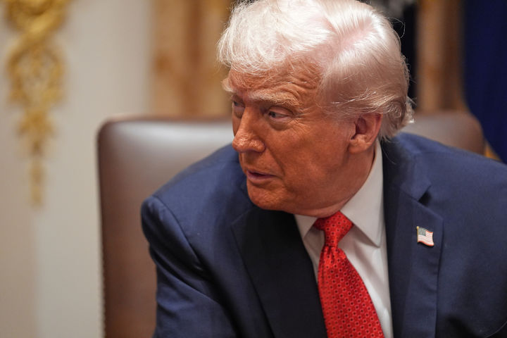 [워싱턴=AP/뉴시스] 도널드 트럼프 미국 대통령이 20일(현지 시간) 미국 워싱턴 백악관에서 앤서니 앨버니지 호주 총리와 회담하고 있다. 2025.10.21.