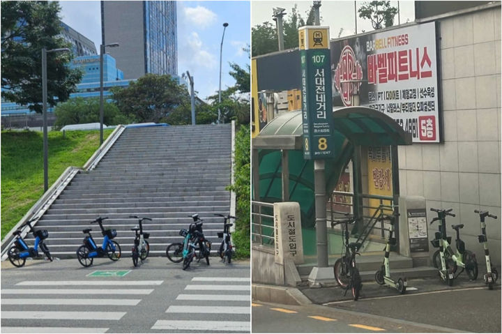[뉴시스] 자전거와 전동 킥보드 등 개인형 이동장치(PM)가 보행 통로를 막는 경우가 빈번해지면서 시민 불편이 커지고 있다. 사진은 여의도 한강공원 계단에 세워진 전기자전거의 모습(왼)과 서대전네거리 지하철 출입구 앞 세워진 PM의 모습. (사진 = '보배드림' 인스타그램 갈무리) 2025.10.21. *재판매 및 DB 금지