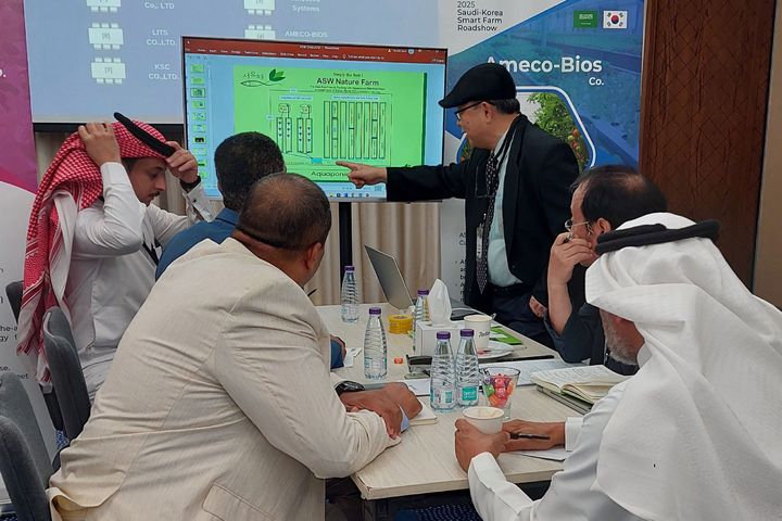 [서울=뉴시스] 코트라와 농식품부는 '스마트팜 수출활성화 사업' 일환으로 지난 19일부터 3일간 사우디아라비아 리야드에서 '2025 사우디 K-스마트팜 로드쇼'를 개최했다. 사진은 한 참가 기업 관계자가 사우디 국책 농업 연구기관인 에스티다마 관계자들과 상담을 진행하는 모습. (사진=코트라 제공) 2025.10.21 photo@newsis.com *재판매 및 DB 금지