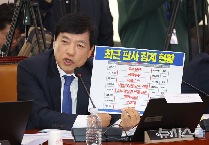 [서울=뉴시스] 고승민 기자 = 이성윤 더불어민주당 의원이 21일 서울 여의도 국회에서 열린 법제사법위원회의 대전고등법원 등 국정감사에서 질의하고 있다. 2025.10.21. kkssmm99@newsis.com