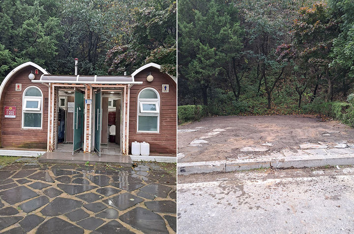 태백시 삼수동 싸리재터널 인근에 설치된 공중화장실(왼쪽)이 지난 21일 철거한 뒤 태백시는 흙으로 덮어 흔적도 없이 사라졌다.(사진=독자 제공) *재판매 및 DB 금지