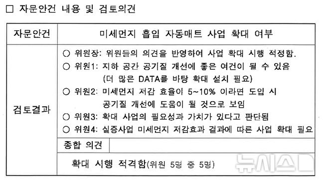 [서울=뉴시스] 22일 국회 행정안전위원회 소속 한병도 의원실이 서울교통공사로부터 받은 자료에 따르면 지난해 미세먼지 흡입매트 설치 계획안에 담긴 대기환경분야 자문위원회 내용이 보이고 있다. (사진=한병도 의원실 제공) 2025.10.22. photo@newsis.com