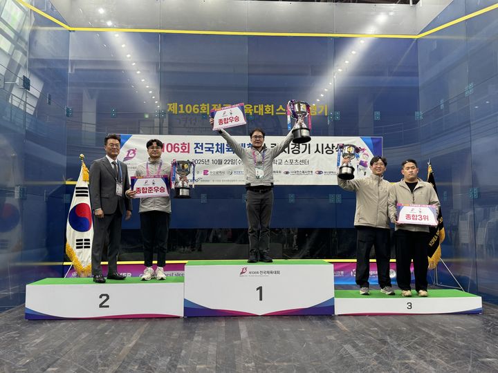 [천안=뉴시스] 충남체육회 스쿼시 팀(사진 왼쪽)이 제106회 전국체전 스쿼시 종목 종합 준우승을 차지했다. (사진=충남스쿼시연맹 제공) 2025.10.22 photo@newsis.com *재판매 및 DB 금지