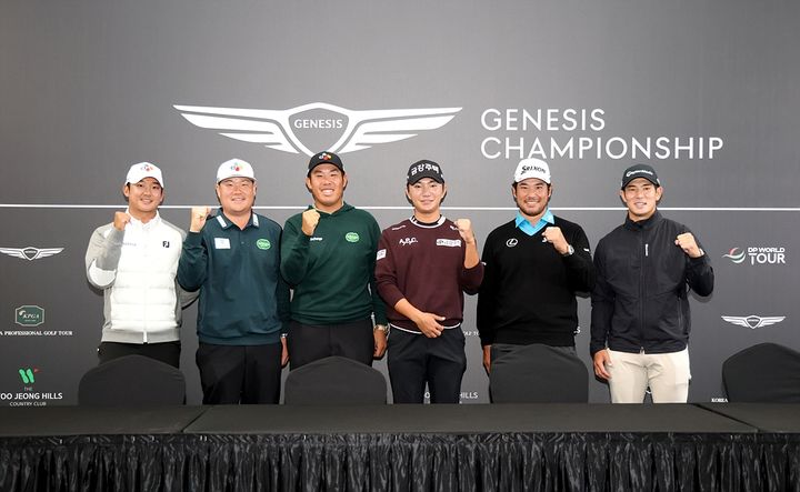 제네시스 챔피언십 기자회견에 참석한 최승빈(왼쪽부터), 임성재, 안병훈, 옥태훈, 마쓰야마 히데키, 나카지마 케이타. (사진=KPGA 제공). 2025.10.22. *재판매 및 DB 금지