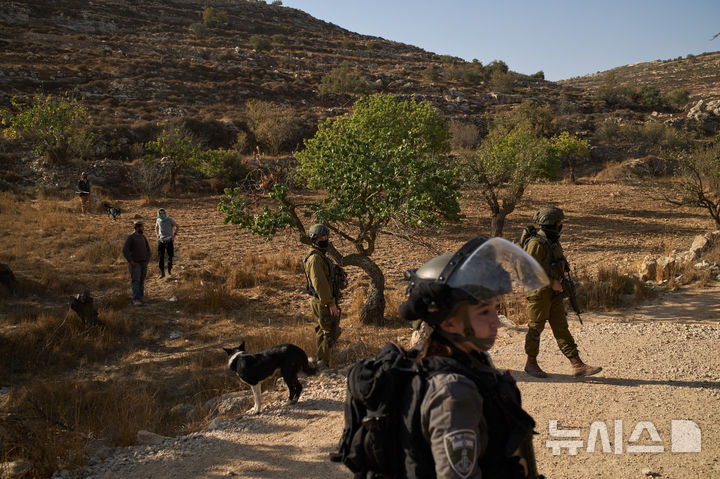 [AP/뉴시스] 23일 서안지구 헤브론 인근 마을에서 유대인 정착자들이 이스라엘 군인들이 팔 주민의 올리브 수확지 접근을 막고 있는 것을 지켜보고 있다.