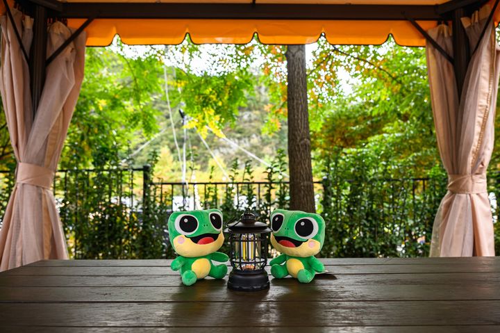 [수원=뉴시스] 22일 개장한 청량산 수원캠핑장 시설의 테라스 풍경. 수원시 마스코트와 빈티지 랜턴 너머로 가을빛 물든 청량산 숲이 한눈에 들어온다. (사진=수원시 제공) 2025.10.23. photo@newsis.com *재판매 및 DB 금지