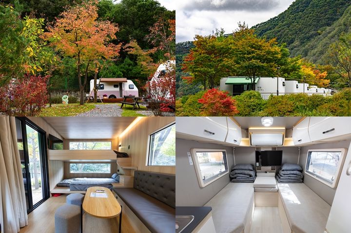 [수원=뉴시스] 수원화성 4대문 이름을 딴 청량산 수원캠핑장 카라반 내외부 전경. 외부는 청량산 자락에 자리잡고 내부는 깔끔한 가구와 침구로 꾸며져 캠핑 초보자도 편하게 이용할 수 있다. (사진=수원시 제공) 2025.10.23. photo@newsis.com *재판매 및 DB 금지