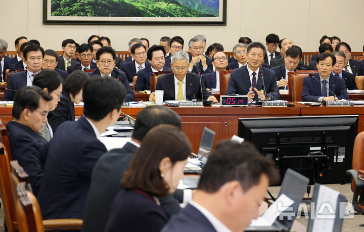 [서울=뉴시스] 김금보 기자 = 전대욱 한국수력원자력 사장 직무대행이 23일 서울 여의도 국회에서 열린 기후에너지환경노동위원회 국정감사에서 질의에 답하고 있다. 2025.10.22. kgb@newsis.com