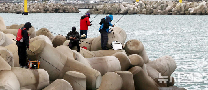 [부산=뉴시스] 하경민 기자 = 부산 기장군의 한 방파제 테트라포드 위 낚시객들. (사진=뉴시스 DB) yulnetphoto@newsis.com 