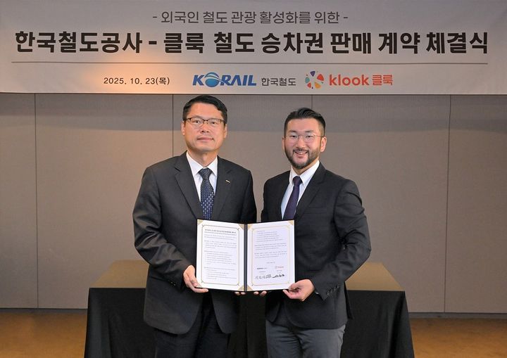 [서울=뉴시스] 한국철도공사(코레일)가 23일 오후 서울 중구 더 플라자 호텔에서 클룩과 철도 승차권 판매 계약을 체결했다고 밝혔다. 사진 왼쪽부터 이민성 코레일 고객마케팅단장, 이준호 클룩 한국지사장. 2025.10.24. (사진=코레일 제공) photo@newsis.com *재판매 및 DB 금지