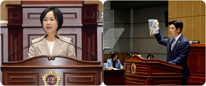 5분 자유발언하는 광주시의회 명진 의원과 이명노 의원. (사진=시의회 제공)  *재판매 및 DB 금지