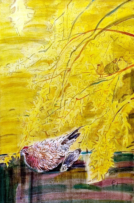 박은미 개나리와 꼬꼬, 122x81cm, 장지에 채색 *재판매 및 DB 금지