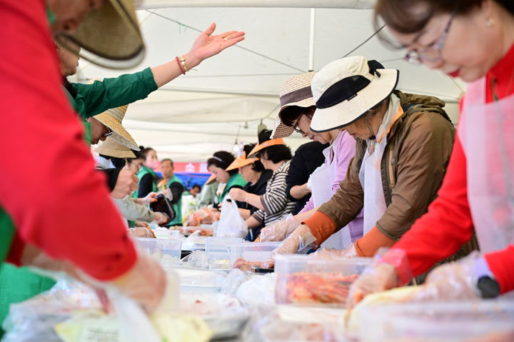 [강경=뉴시스]강경젓갈축제가 26일 나흘간의 일정을 소화하며 폐막했다. 참가자들이 젓갈을 이용한 김치담그기 행사를 벌이고 있다. 2025. 10. 26 photo@newsis.com *재판매 및 DB 금지