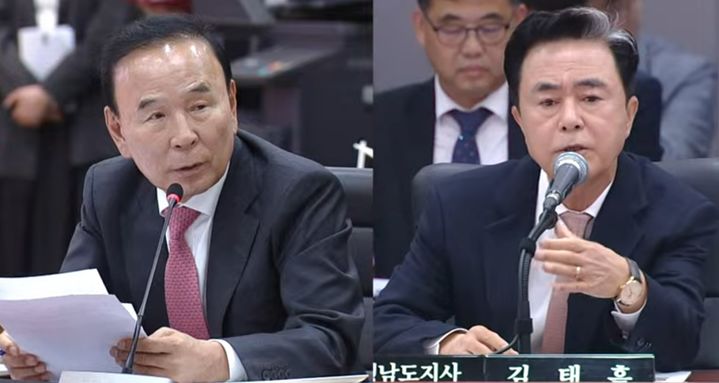 [홍성=뉴시스] 27일 충남도청에서 열린 국회 행정안전위원회 국정감사에서 박덕흠(왼쪽) 의원이 김태흠 충남도지사에게 질의를 하고 있다. (사진=국회방송 갈무리) 2025.10.27 photo@newsis.com *재판매 및 DB 금지