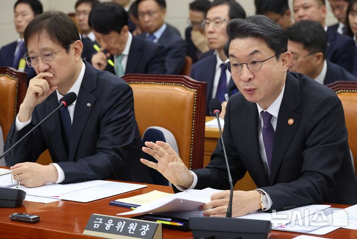 [서울=뉴시스] 조성봉 기자 = 이억원 금융위원회 위원장이 27일 오전 서울 여의도 국회 정무위원회에서 열린 국정감사에서 의원 질의에 답변하고 있다.왼쪽은 이찬진 금융감독원장. 2025.10.27. suncho21@newsis.com