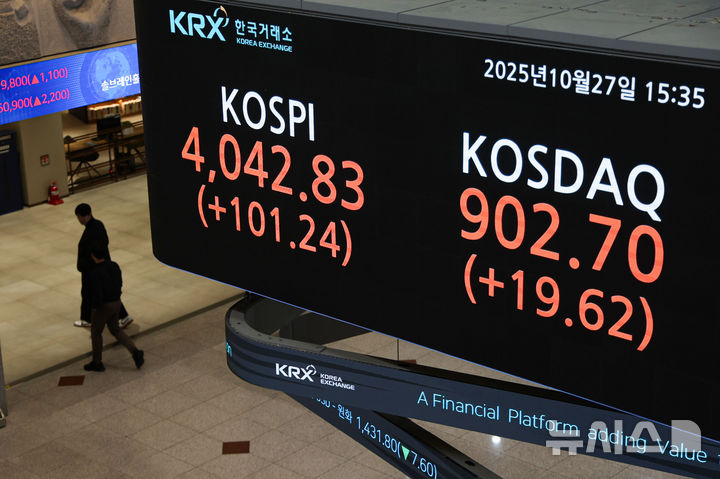 [서울=뉴시스] 권창회 기자 = 서울 여의도 한국거래소에서 코스피 지수가 나오고 있다. 2025.10.27. kch0523@newsis.com