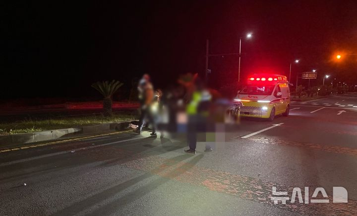 [제주=뉴시스] 28일 오전 4시13분께 제주 서귀포시 대정읍의 한 도로에서 오토바이 단독사고가 발생해 경찰과 소방당국이 사고 수습에 나서고 있다. (사진=제주소방안전본부 제공) 2025.10.28. photo@newsis.com