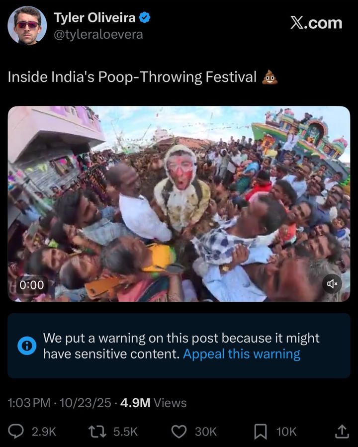 [뉴시스]미국의 유명 유튜버인 타일러 올리베이라가 인도의 한 마을에서 열리는 '고레하바' 축제에 참여한 모습이다. (사진 = X 캡처) *재판매 및 DB 금지