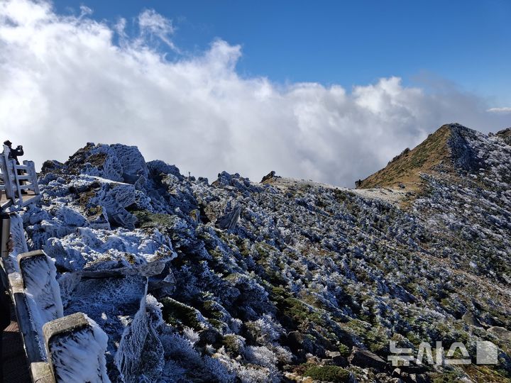 [제주=뉴시스] 28일 오전 제주 한라산에서 올해 첫 상고대가 관측됐다. 상고대는 기온이 영하권으로 떨어질 때 대기 중에 수증기가 주변 물체에 달라 붙어 생기는 서리의 일종이다. (사진=한라산국립공원 제공) 2025.10.28. photo@newsis.com 